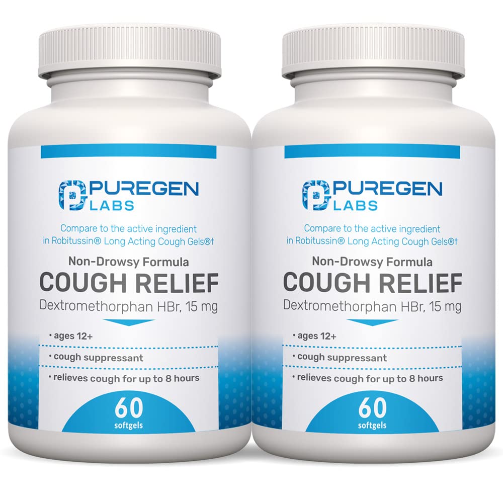 P Puregen Labs Cough Relief pentru adulţi Dextrometorfan HBr 15mg (120 Softgels) 8-our, non-Drowsy, lung-Lasting Bronhial Suppressant 