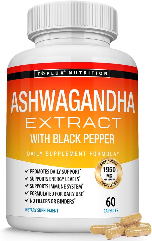 Organic Ashwagandha Root Powder Pastile 1950 Mg cu extract de piper negru - Pur naturale Ashwagandha Supliment, Suport energie, pentru bărbați Femei, 60 capsule