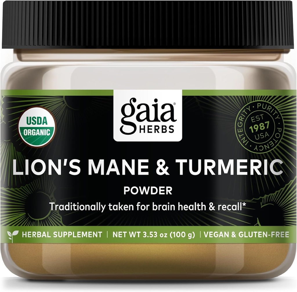 Gaia Herbs Lion's Mane & Turmeric Powder - Herbal Mushroom Supplement Powder pentru a ajuta la mentinerea sanatatii creierului si a rechemarii - USDA Certified Organic-3.53 Oz (Până la 45-Day Supply)