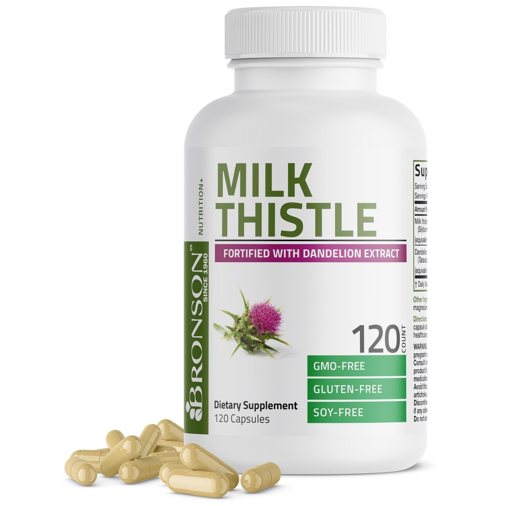 Bronson Milk Thistle Silymarin Marianum & Dandelion Extract de suport de sănătate hepatică, suport antioxidant, Detoxifiere, 120 capsule