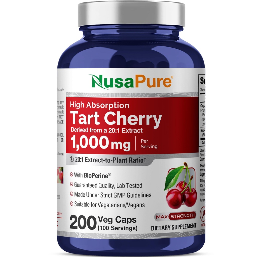 NusaPure Organic Tart Cherry 20:1 Extract, 1000 mg echivalent cu 20000 mg 200 Veggie Caps (Vegan, Non-GMO) Bioperine