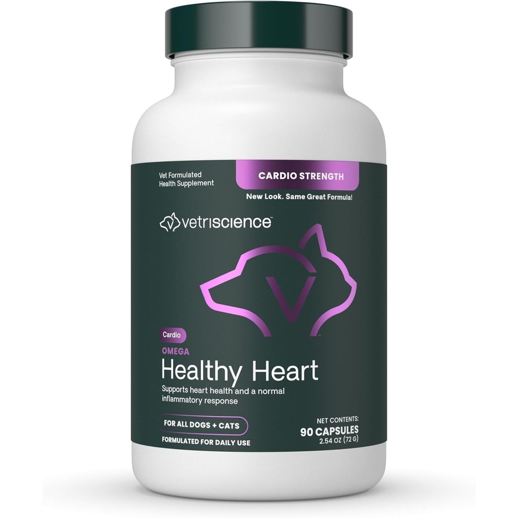 VetriScience Omega capsule de inima sanatoasa Easy-Open, Cardio Putere Taurină și Omega-3 Supliment pentru câini și pisici, Supliment de suport cardiac pentru animale de companie, 90 Conte
