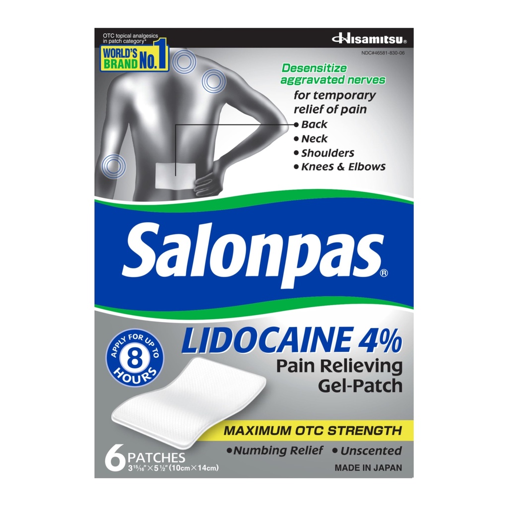 Salonpas Lidocaină 4% Durere Relieving Gel-Patch, 6 Conte, pentru Back, Neck, Shoulder, Knee & Elbow Pain