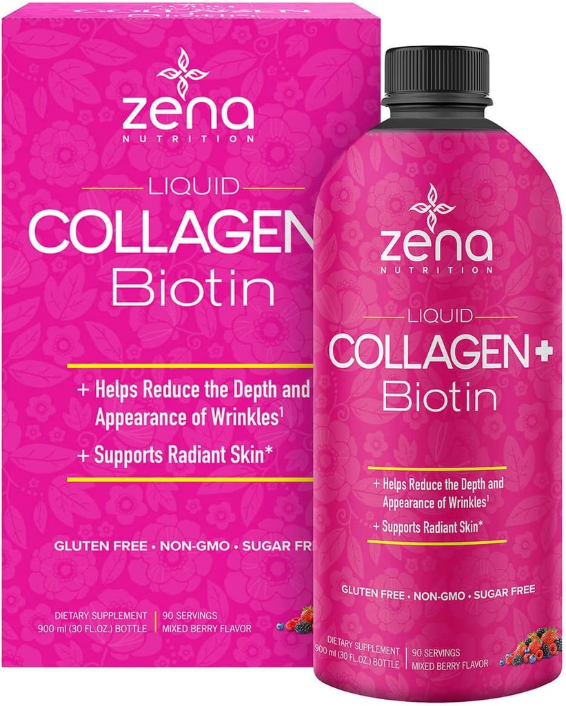 Zena Liquid Colagen + Biotin: 2500mg Colagen, 5000mcg Biotin, Verisol Formula 