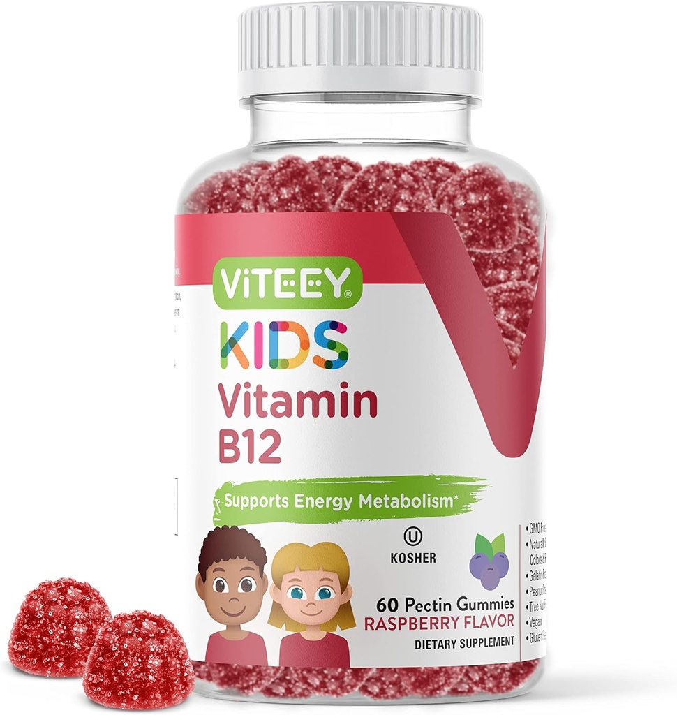Viteey Vitamina B12 pentru copii Gummies, 1000mcg - Metabolism, Natural Energy Support - Vegan, Gelatină gratuit, Gluten gratuit, OMG-uri gratuit - Tasty Chewable B12 Aroma de zmeura Gummy