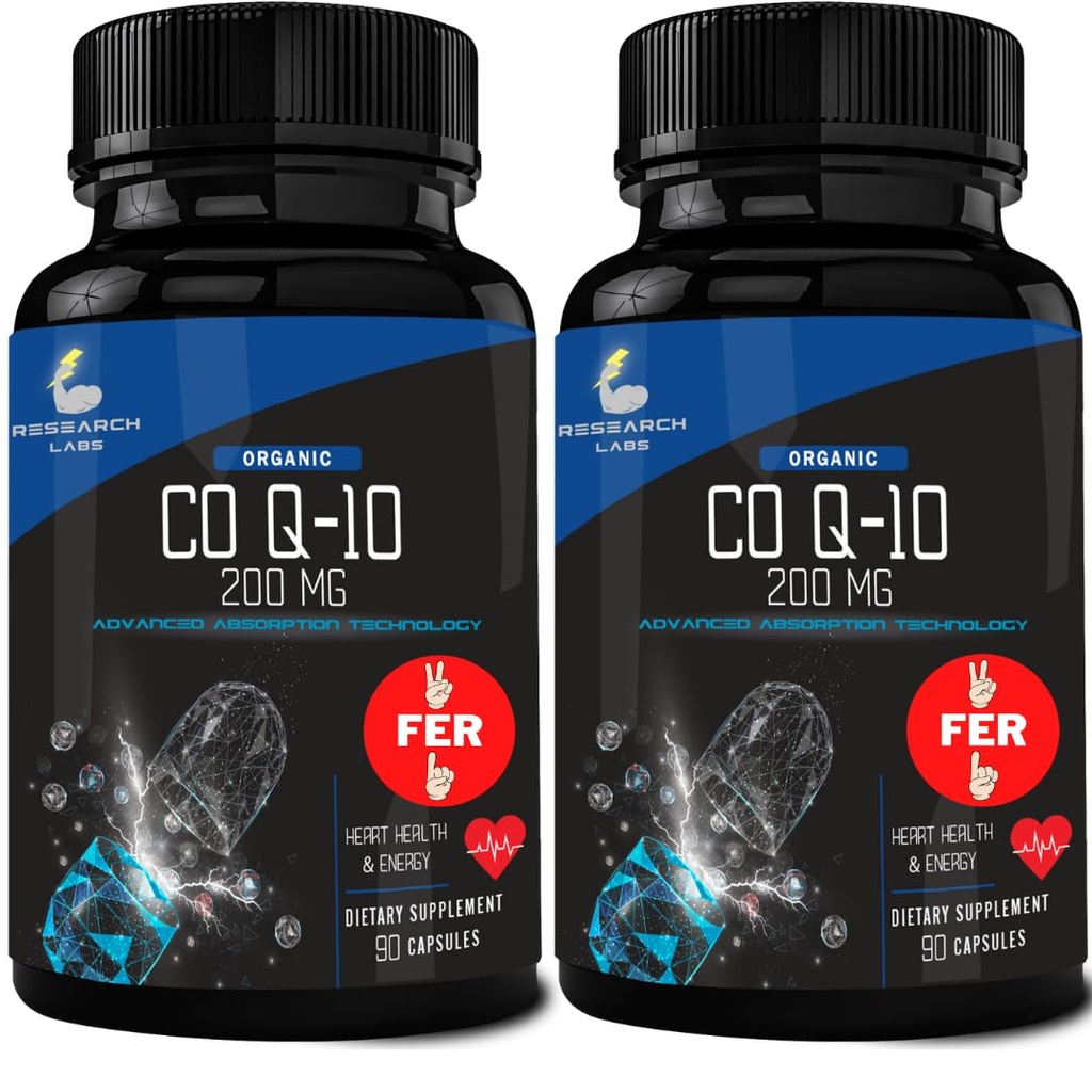 Cercetare Labs 180 Softgels Advanced Absorbtion 200mg CoQ10 w/Black Pepper Extract. 2 for 1 Ad. Organic, Gluten Free, Heart Health Support, Energy Production, Antioxidant Supplement