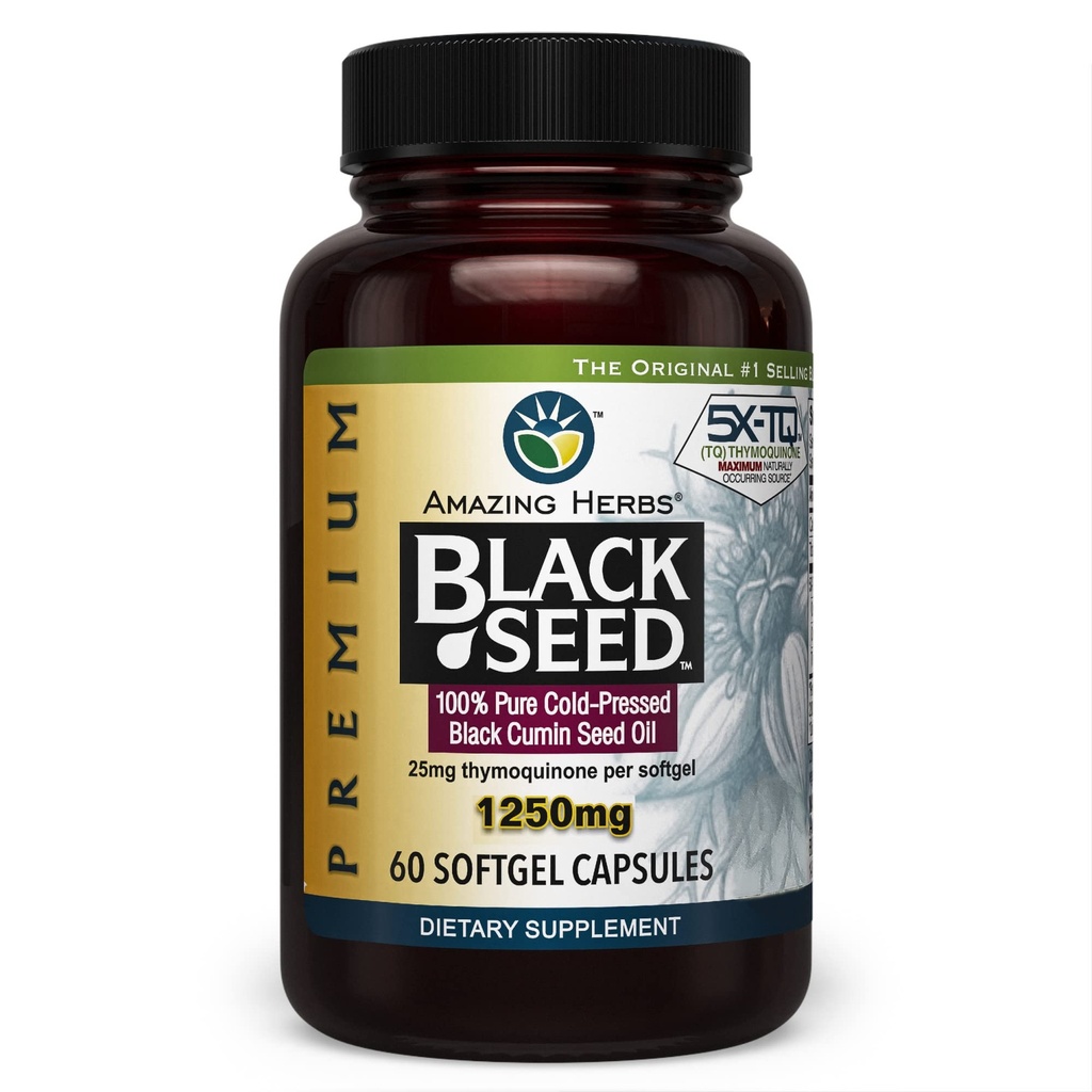 Amazing Herbs Premium Black Seed Oil Capsule - Mare potenta, Cold presat Nigella Sativa SIDA în Digestive Health, Immune Support & Brain Function - 60 Conte, 1250 mg