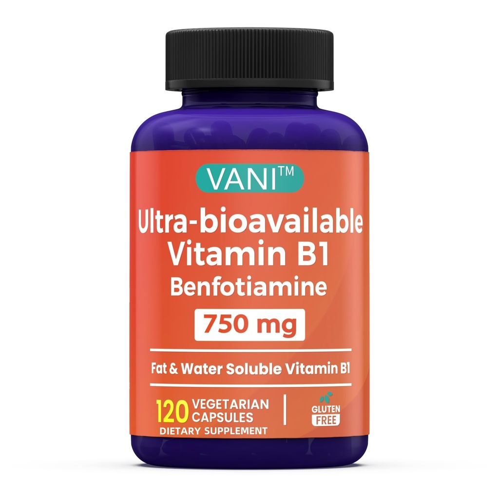 Vani Vitamina B1 cu 750 mg benfotiamină, 2 în 1 Formula îmbunătățită -Fat și apă Solubil Tiamină B1 Supliment 
