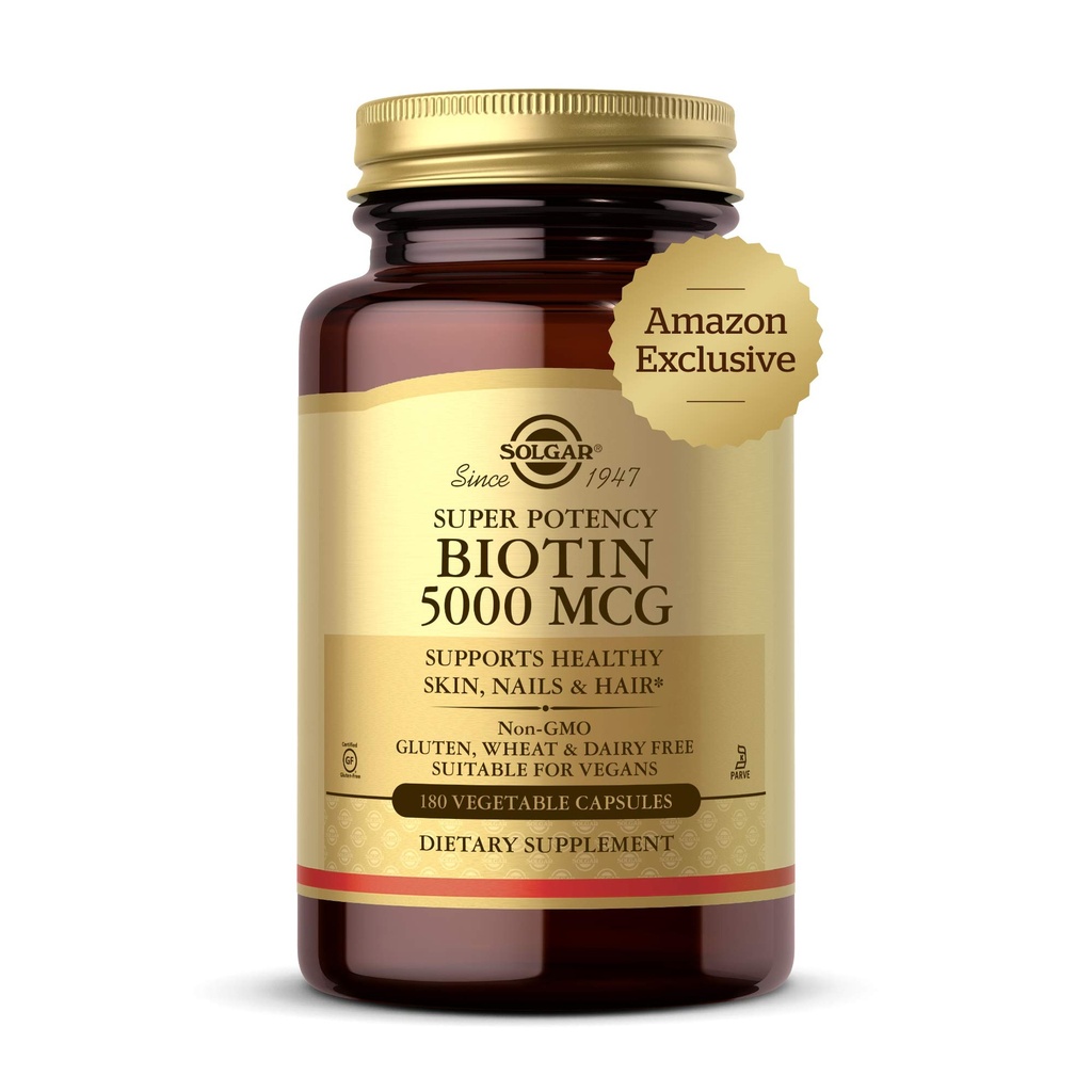 Solgar Biotin 5000 mcg - Suporturi Sanatos Piele, Nails & Hair - Sustine Productia de energie si metabolismul - Vitamina B - Non-GMO, Vegan, Gluten gratuit - 180 Conte