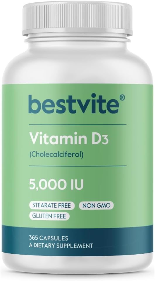 BESTVITE Vitamina D3 5000 UI (365 capsule) - Fără Stearate - Fără OMG-uri - Fără gluten - 1 an de aprovizionare cu vitamina D