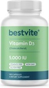 BESTVITE Vitamina D3 5000 UI (365 capsule) - Fără Stearate - Fără OMG-uri - Fără gluten - 1 an de aprovizionare cu vitamina D