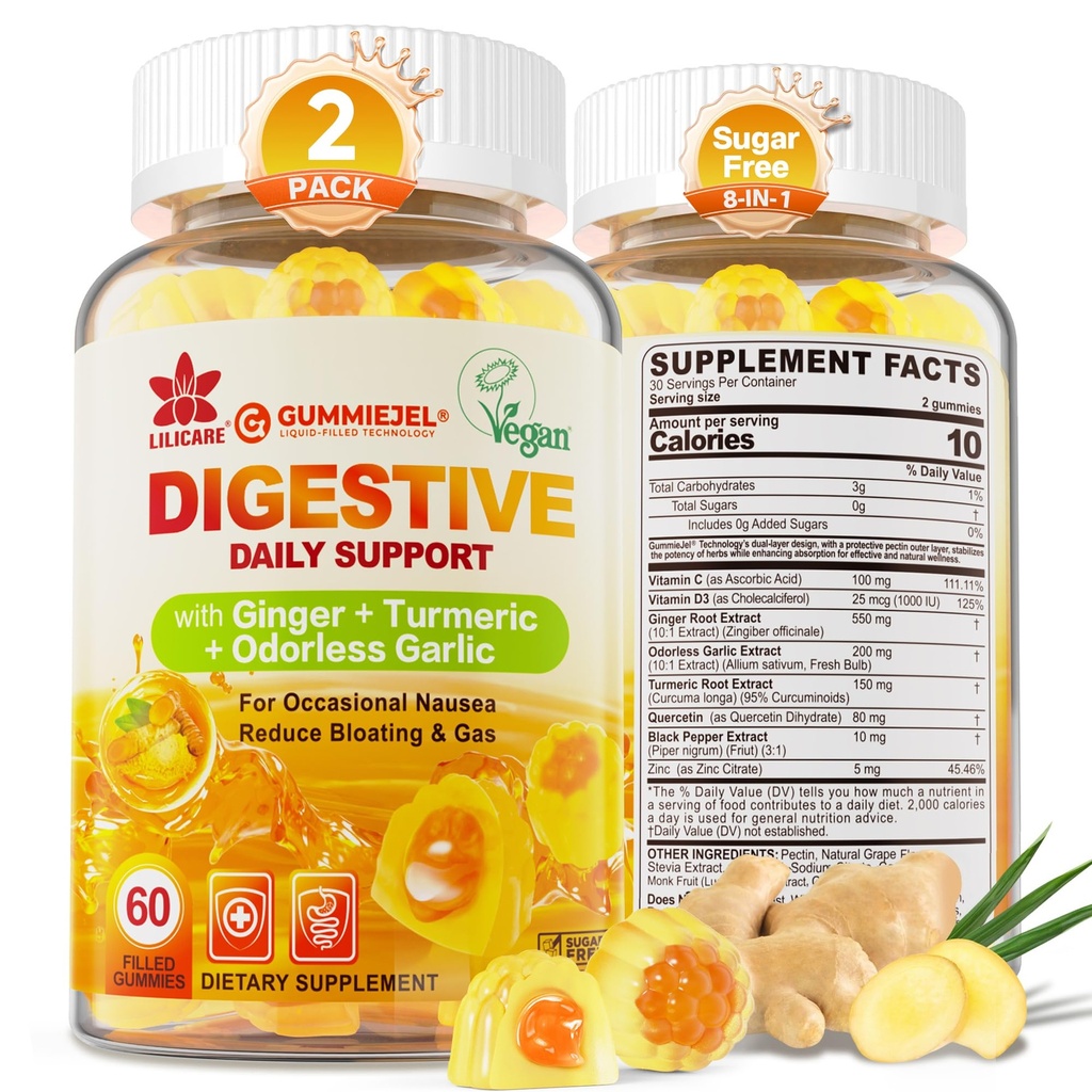 Ghimbir Chews Gummies pentru Greață și suport digestiv, Relief stomac, Zahăr fără turmeric, Usturoi neodor, Querbetin, Vitamina D3, Suplimente Digestive pentru balonare și gaz ocazional, 2Pack