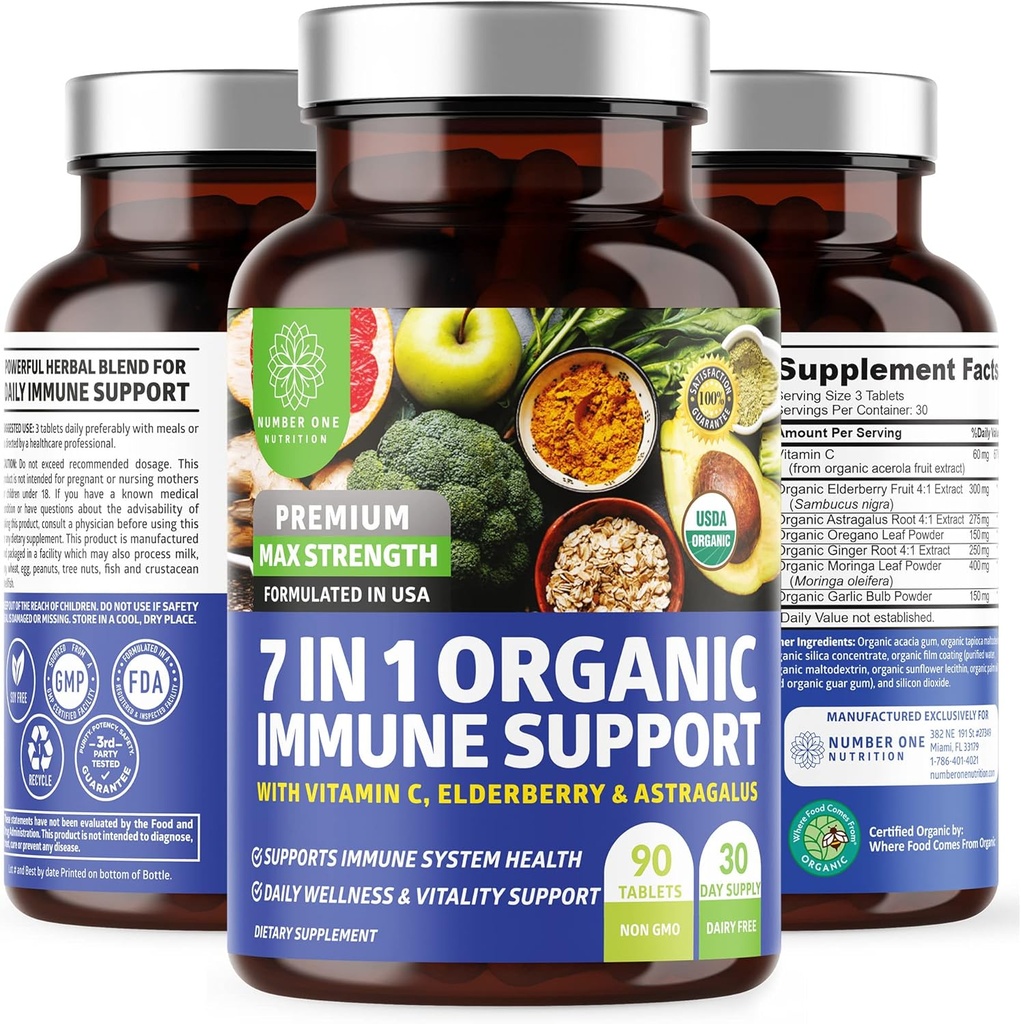 N1N Premium 7 în 1 Supliment de sprijin imun [100% USDA Organic] Boost imunitar zilnic cu vitamina C, Elderberry, Moringa Leaf, Oregano și Usturoi pentru imunitate și răspuns inflamator, 90 comprimate