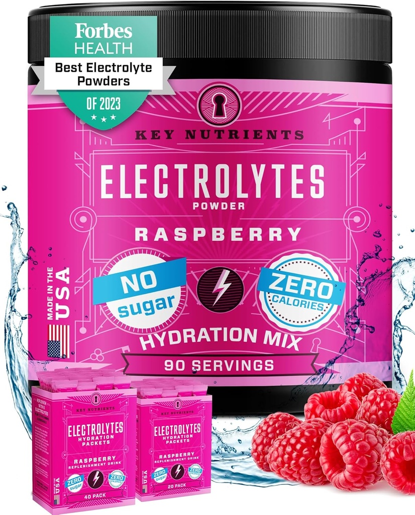 KEY NUTRIENTS Multivitamine Electroliti pulbere fără zahăr - Juicy Raspberry Electrolit Pulbere - Pulbere de hidratare - Fără calorii, Gluten gratuit Keto Electroliti pulbere - 90 Serviri - Made in USA