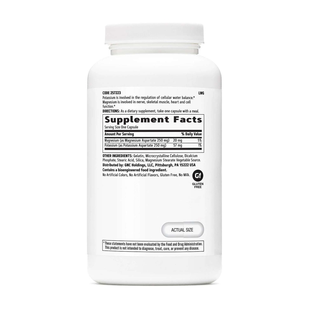 GNC Potasiu și magneziu Aspartate 250 mg Supliment, ajută la reglarea echilibrului de apă, 240 Serviri