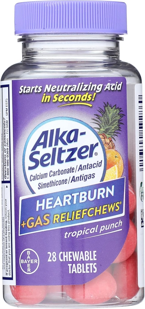 Alka-Seltzer Heartburn + Gas ReliefChews - Relief of Heartburn, Gas, Acid Indigestie, and Sour Stomac - Tropical Punch Flavors - 28 Count