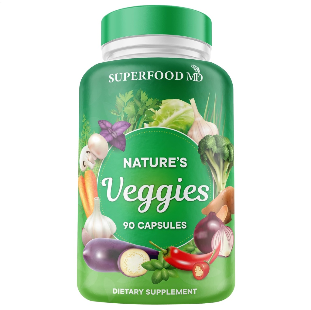 Superfood MD Veggies Supliment - 90 Capsule Veggie - Sprijină nivelurile de energie, Beta Caroten, Vitamine & Minerale - Soy Free - 90 Conte