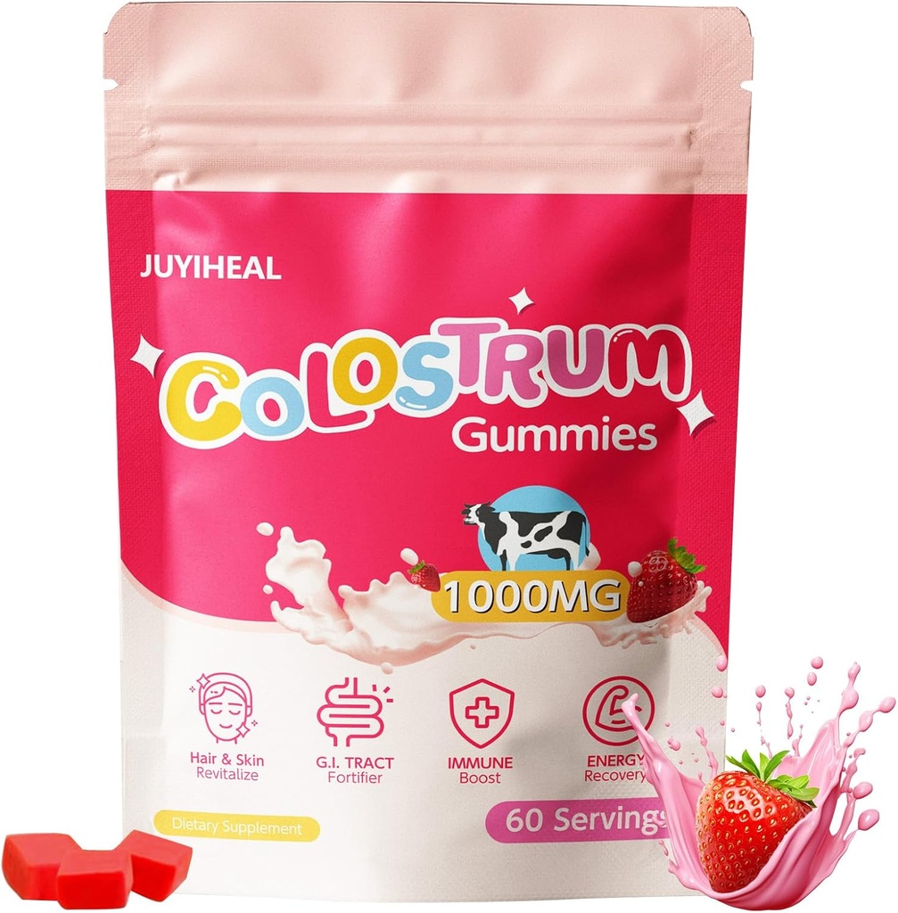 Colostrum Gummies, 1000 mg Iarba Fed Colostru Chews Colostru Supliment pentru sanatate gutoasa, cresterea parului, Frumusete, si suport imunitar, aroma de capsuni 60 Serviri