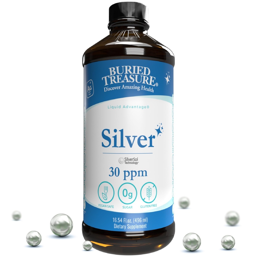 Treasure Purified Silver Liquid 30 PPM - 16 oz. 96 Serviri, Soluție de argint Nano neacumulativă, Spray & Dietetic Supliment imunitar