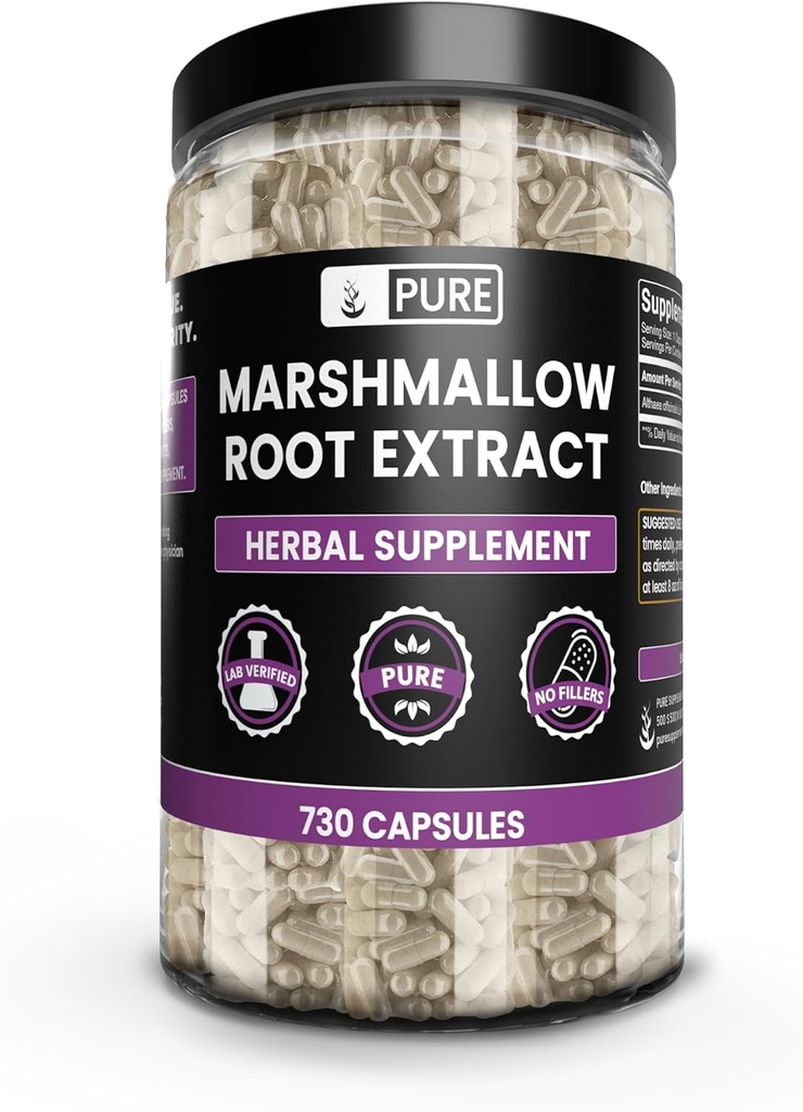INGREDIENTE ORIGINALE ROOT de marshmallow (730 capsule) Fără magneziu sau fillere de orez, întotdeauna pure, verificate de laborator