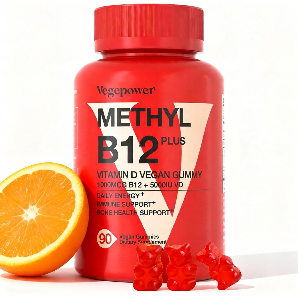 Vitamina Vegan D3 & B12 Gummies, Suplimentul de metil B12 pentru adulți și copii, îmbunătățit cu vitamina D 3 pentru energie naturală, imun, metabolism & focalizare, Orange, 90 Gummies