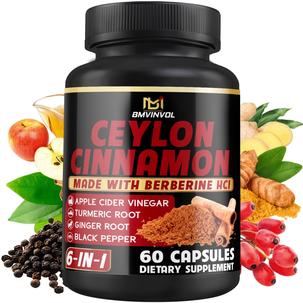 Capsule cu scorţişoară ceylon cu HCl Berberin, Oţet de cidru de mere, Turmeric, Ginseng, Pepper Negru - 6in1 pentru funcţia imună de sprijin - 60 Conte