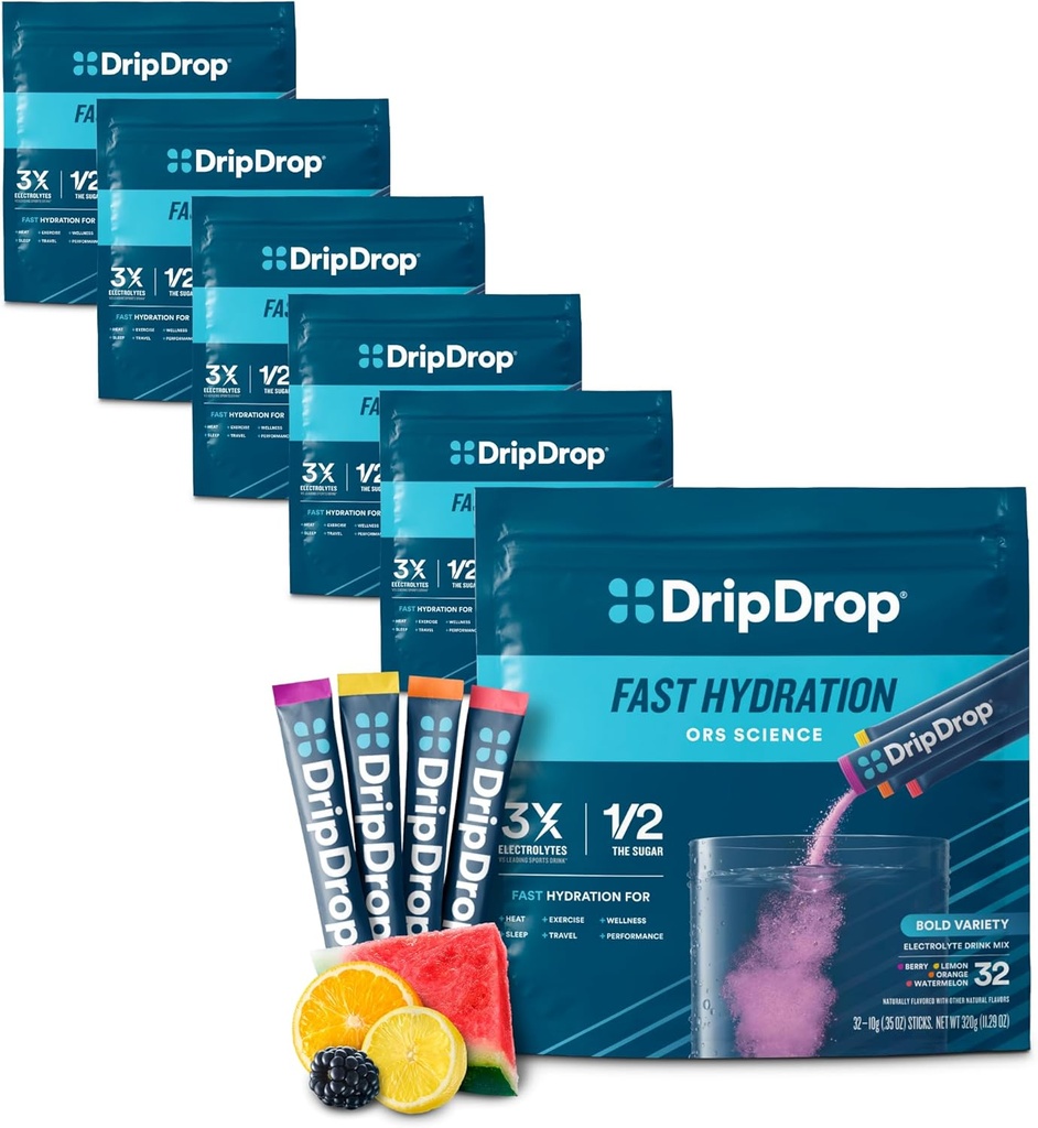 Pachete de hidratare dripDrop - Pachet de varietati bold - Electroliti de unică servire Mix de pulbere - Pepene verde, Berry, Lemon, Orange - non-GMO, Gluten Free, Vegan - 192 Sticks