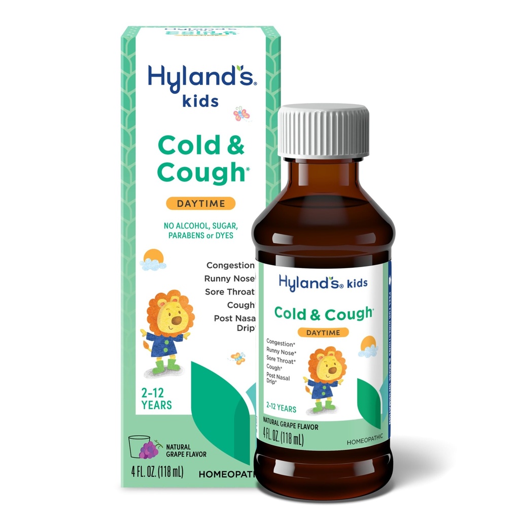 Hyland's Kids Cold and Cough, Daytime Grape Flavor Cough Syrup Medicine for Kids Ages 2 and up, Decongestant, Sore Throat Relief, Natural Treatment for Common Cold Simptomes, 4 Fl Oz