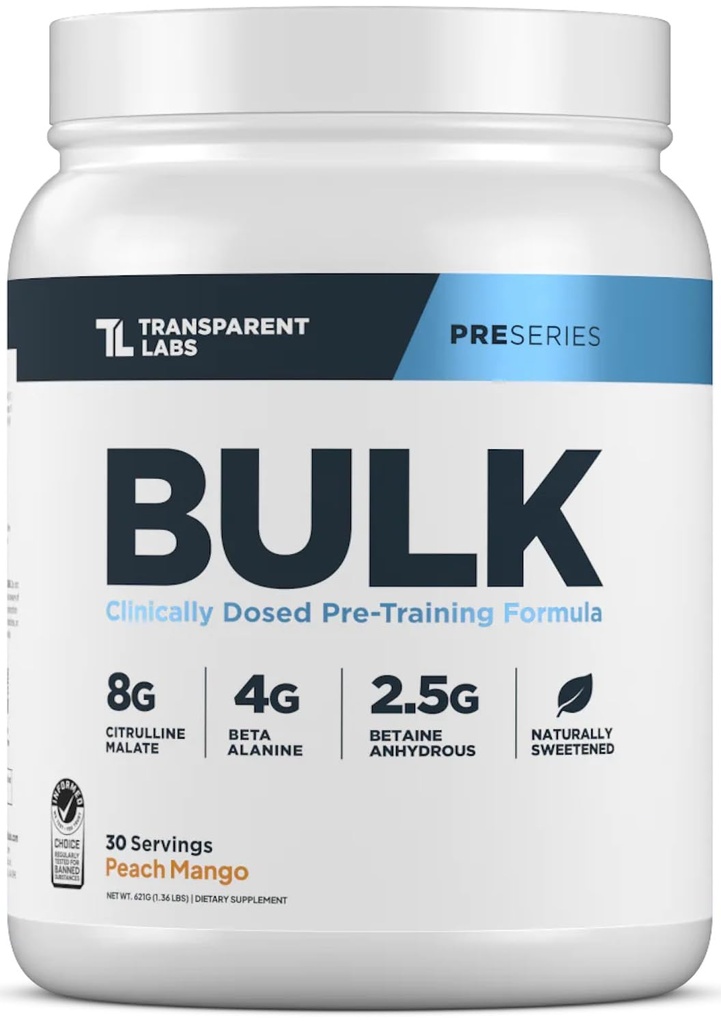 Labs Transparent Bulk Pre Workout pulbere - îndulcit natural avansat Formula de pregătire prealabilă pentru construirea musculare și puterea - 30 serviri, Peach Mango