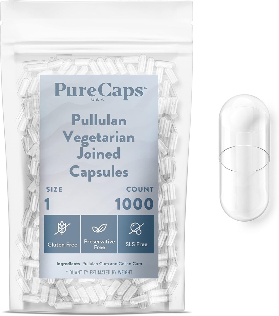 PureCaps USA - Empty Vegetarian Vegan Pullulan Pill Capsules Size 1 | 1,000 Joined Pills| Clear| Non-GMO Certified | SLS, Gluten, Preservative Free