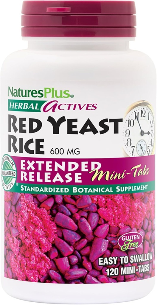 NaturesPlus Herbal Active Red Yeast Rice Extended Release 600 mg - 120 Mini-Tabs, Pachet de 2 - Suportă General Well-Being - Vegetarian, Gluten gratuit - 120 Total Serviri