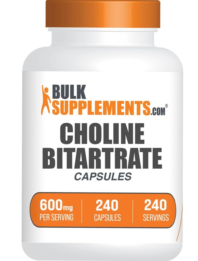 BulkSupplements.com Capsulele de bitartrat de colină - Suplimente de colină, ca Choline L-Bitartrate - Choline 600mg, 2 capsule per Serving, 240 capsule (Pachet de 1)