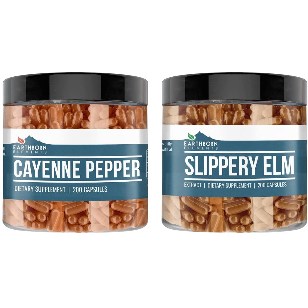 Elemente născuți pământ Cayenne Pepper & Slippery Elm Bundle (200 capsule fiecare) Pure și nediluat, fără aditivi