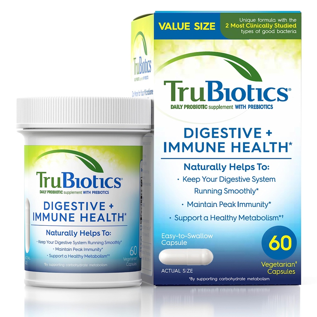 TruBiotics Probiotice pentru Digestive & Immune Health, Sprijină Regularitatea & ajută la ameliorarea disconfortului abdominal, gaz și balonare, 2 Studii Probiotice Studiate clinic, Plus Prebiotice, 60 Capsule
