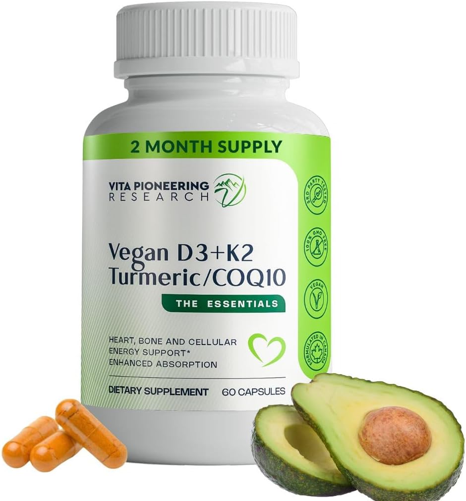 5-in-1 Vitamina D3 2000UI + K2Vital Vitamina K2 cu Turmeric și COQ10 - cu Avocado pulbere pentru absorbție îmbunătățită - inima, os, Cellular Health Support