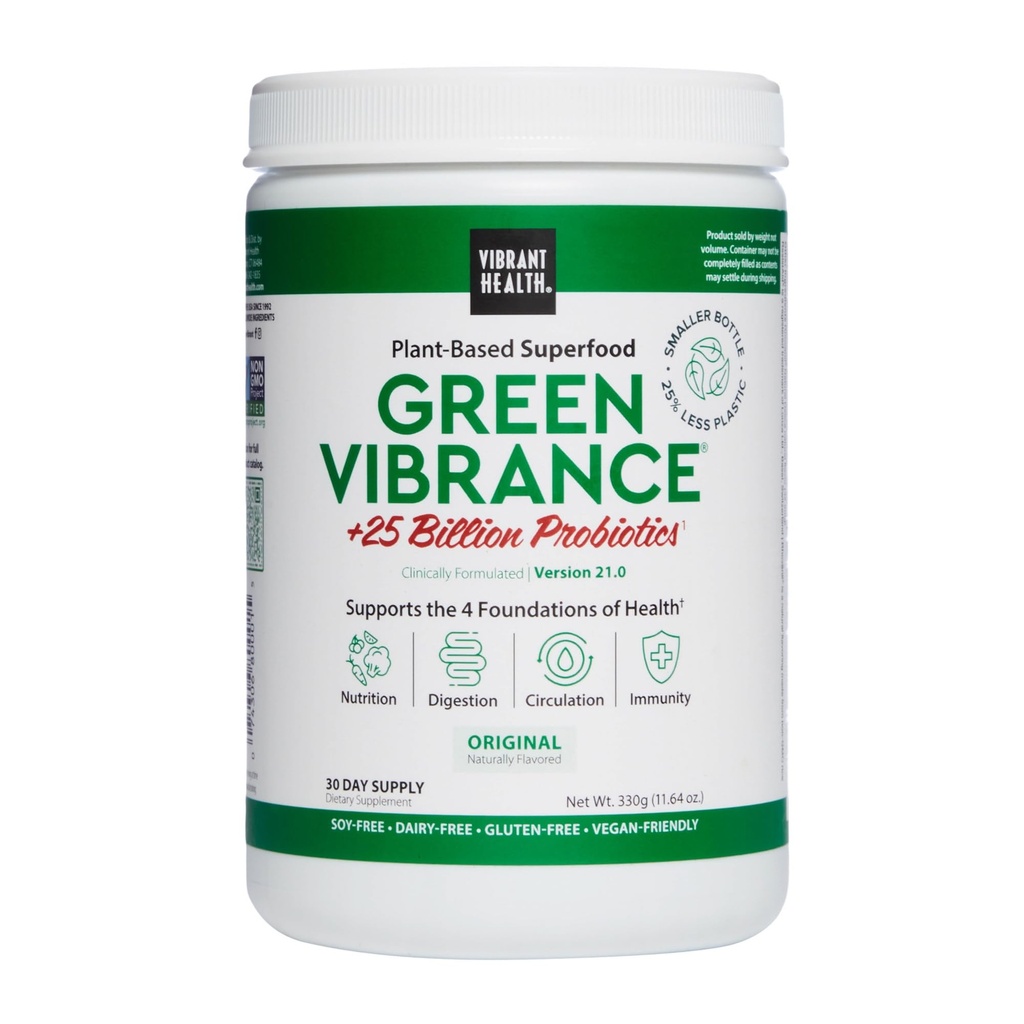 Vibrant Health, Green Vibrance, Include 65 de plante-Based Superfoods, 25 miliarde Probiotice, Fiber, Adaptogens & Enzime, 30 Servings
