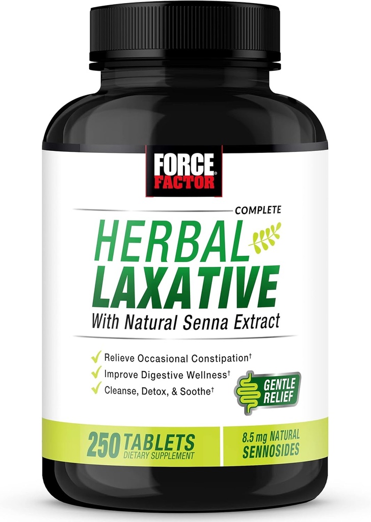 FORCE FACTOR Laxativ pentru constipație Relief pentru adulți, Digestion Supliment Made with Senna to Cleanse, Detox și Soothe, Laxative pentru constipație pentru femei și bărbați, 250 comprimate