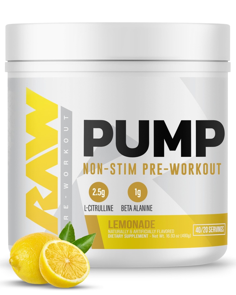 RAW Pompă Stim Free Pre Workout (Lemonade) - non- Stimulant Pre Workout Supliment pulbere oxid azotat - Pre antrenament Suplimente băutură pentru timpul antrenamentului - 40 serviri