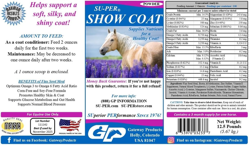 SU-PER Show Coat Supliment pentru cai - Suporturi moale, mătăsos, și lucios Haină - mai rapid Coama și creșterea cozii - Aminoacizi, B-complex vitamine și minerale - 12,5 Pound, 3 Luna de aprovizionare