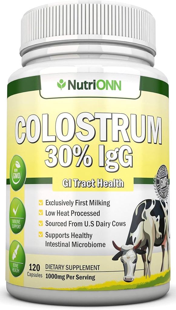 Colostrum - 1000 mg - 120 capsule - 30% IgG - non-GMO US Dairy - Primul Colostrum de bovine lapte - Procesat termic scăzut - Mare pentru sănătate GI Tract - Suport imun - Sănătate osoasă și musculară
