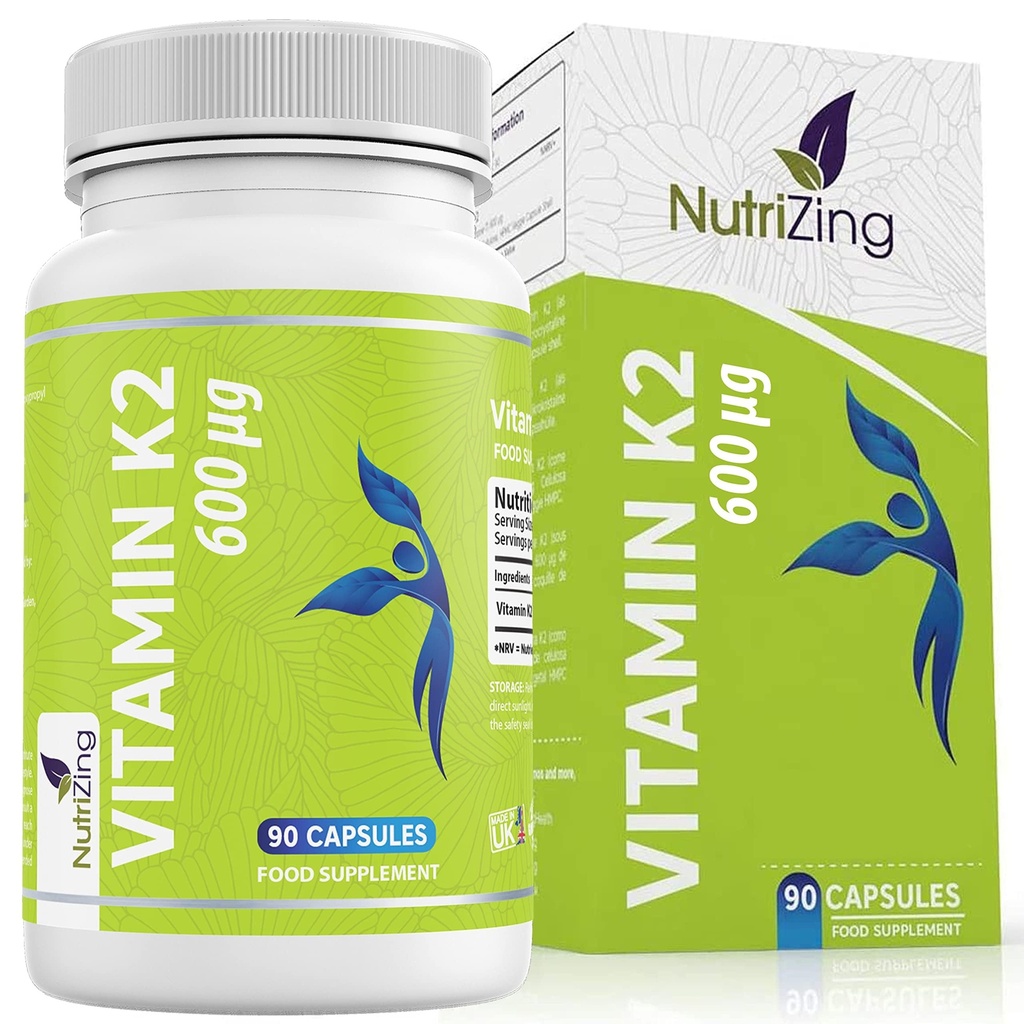 NutriZing K2 Suplimentul de vitamine MK-7 - Putere mare 600mcg - Suportă sănătatea osoasă și arterială - 90 Capsule Vegane - Vitamina K2 pentru bărbați și femei - 3 luni de aprovizionare