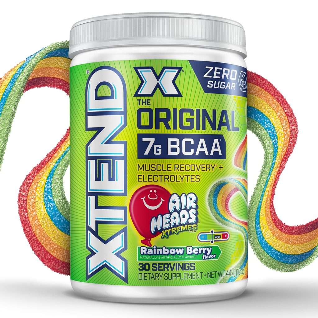 Xtend Original BCAA Powder Airheads Rainbow Berry Flavor, 7g BCAA și 2,5g L-Glutamine, Sugar Free Post Workout Muscle Recovery Drink with Amino Acids for Men & Women, 30 Servings