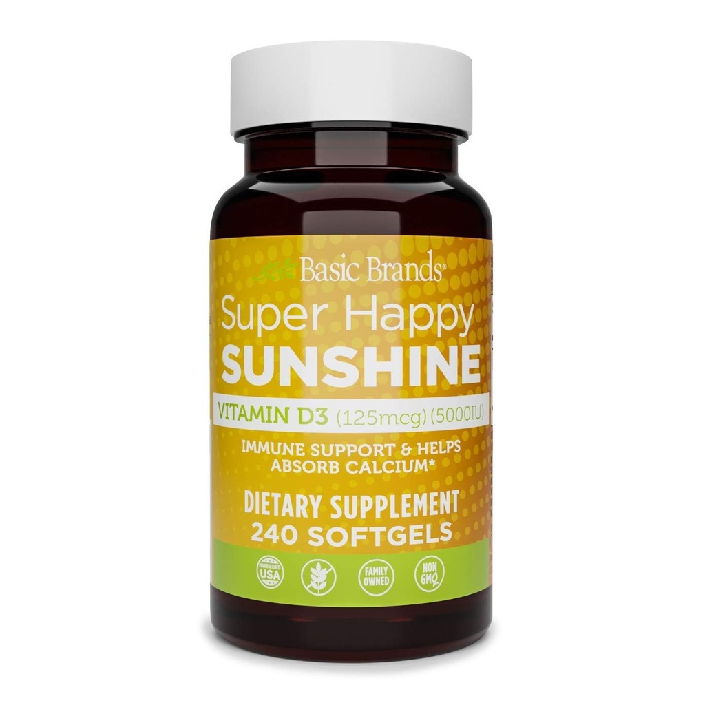 Branduri de bază Super fericit Sunshine Vitamina D3 5000UI, 240-conte (Pachet de 1)