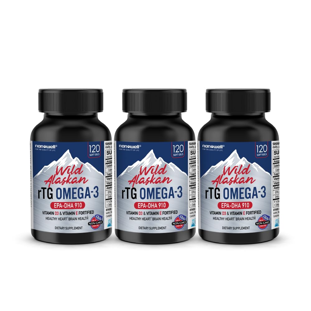 NANOWELL Wild Alaskan RTG Omega-3 ulei de pește 1196mg - EPA, DHA, vitamina D3 & E - 120 Softgels x 3 sticle (surse 360)