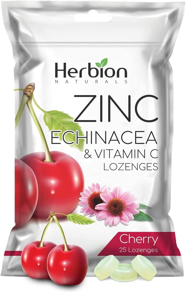 HERBION Naturals Zinc, Echinacea & Vitamina C Lozenges 25 CT, Supliment alimentar pentru adulți și copii 5+, promovează Wellness pentru întreaga familie, 25 Conte, Cherry, Pachet de 1
