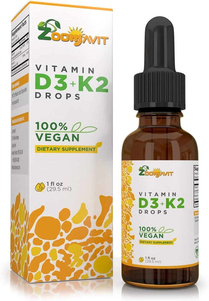 Vegan Liquid Drops Vitamin D3 K2 (MK7) - 100% Plant Based Liquid Vitamin D Enhanced with Coconut Oil for Max Absorption - 1 Serving = 1000 IU VIT D3 and 200 mcg VIT K2