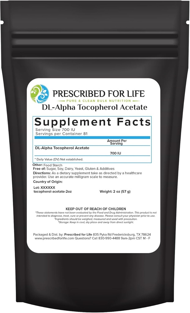 Prescribed For Life Tocopherol Acetate Powder, Water Soluble Alpha Vitamina E, 700 UI Gm Powder, Vegan, Gluten Free, Non OMG (2oz / 56g)