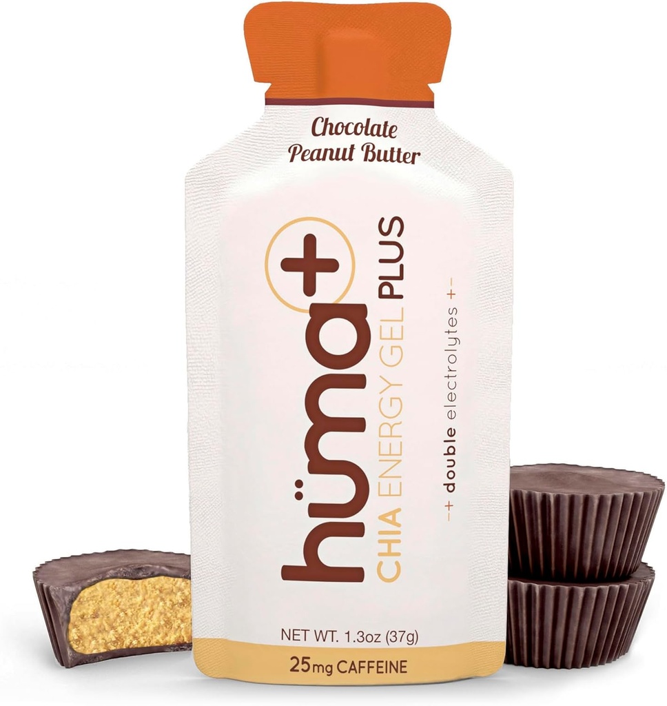 Huma Plus (Double Electrolytes) - Chia Energy Gel, Unt de arahide de ciocolată, 24 Geluri - Stomac prietenos, Geluri alimentare reale