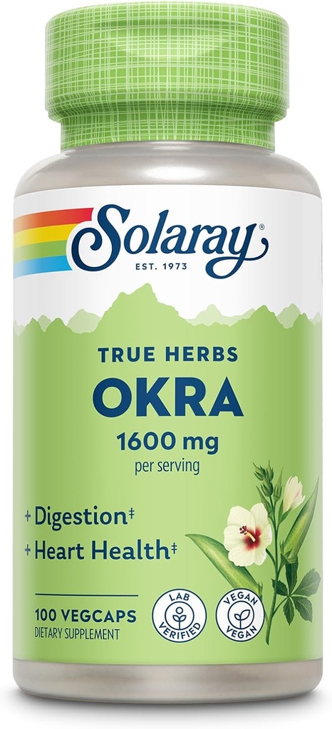 SOLARAY Okra Fruit 1600 mg - High Fiber Supplement for Wellness Supplement - Rich Source of Soluble Fiber - Echivalent of 6,4 g Fresh Okra per Serving, Vegan, 60-Day Guarantee - 25 Servings, 100 VegCaps