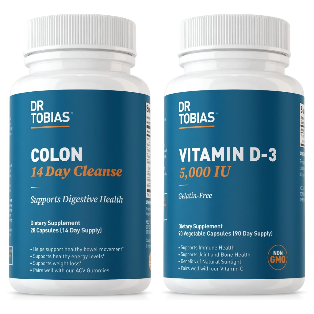 Dr. Tobias Colon 14 Day Cleanse şi vitamina D3 5000 UI susţin sănătatea generală, sistemul imunitar şi sistemul digestiv. Non-GMO Gut Cleanse și vitamina pentru bărbați și femei.